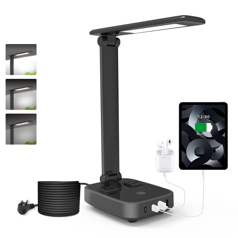 Yostyle LED Desk Lamp with 4 USB Charging Ports and 2 AC Outlets,5ft Extension Cord Power Strip Station, 3 Level Brightness, Touch Dimmer Control, Office Table Eye Care Lamp Bedroom Hotel - Image 1